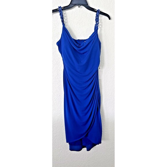 Siena Women's Chain-Trim Ruched at front high-low hem Bodycon Dress Blue 4 - Picture 5 of 10
